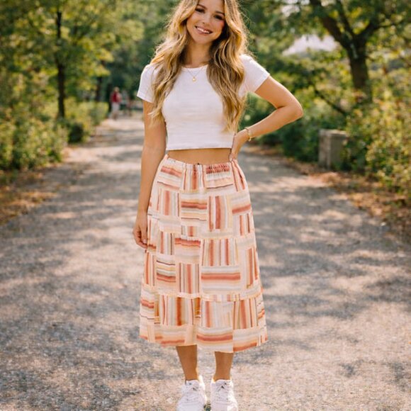 BonWorth Dresses & Skirts - Vintage 90s BonWorth Flirty Peach Patvhwork Print Midi Skirt Size M